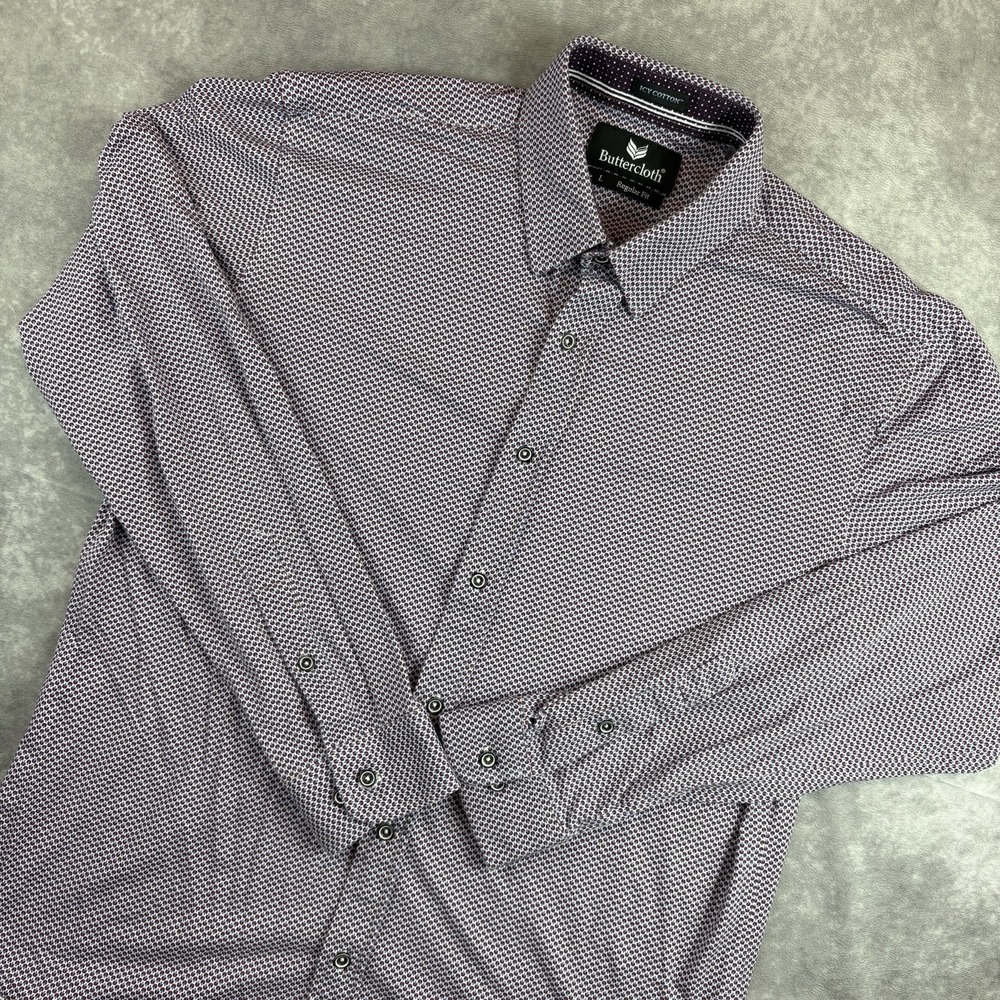 Butter Cloth Button Up Shirt Mens L Purple Icy Cotton Geometric Preppy L/S